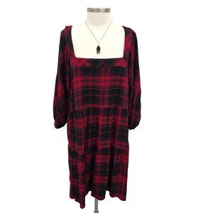 Maurices Womens Red Black Plaid Square Neck Midi Dress Tiered Balloon Sleeve XXL